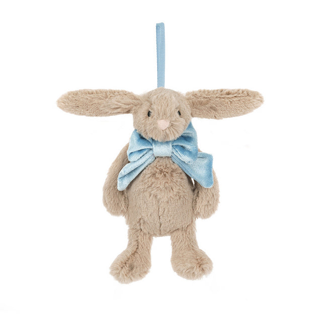 Plush bunny toy with a blue bow tie on a white background