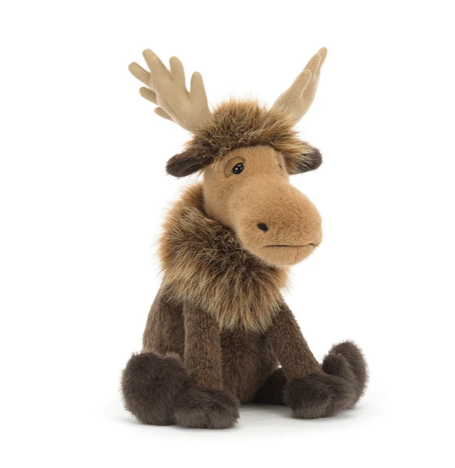 A plush stuffed moose toy with brown and tan fur, large antlers, and a soft stitched face, photographed on a clean white background.
