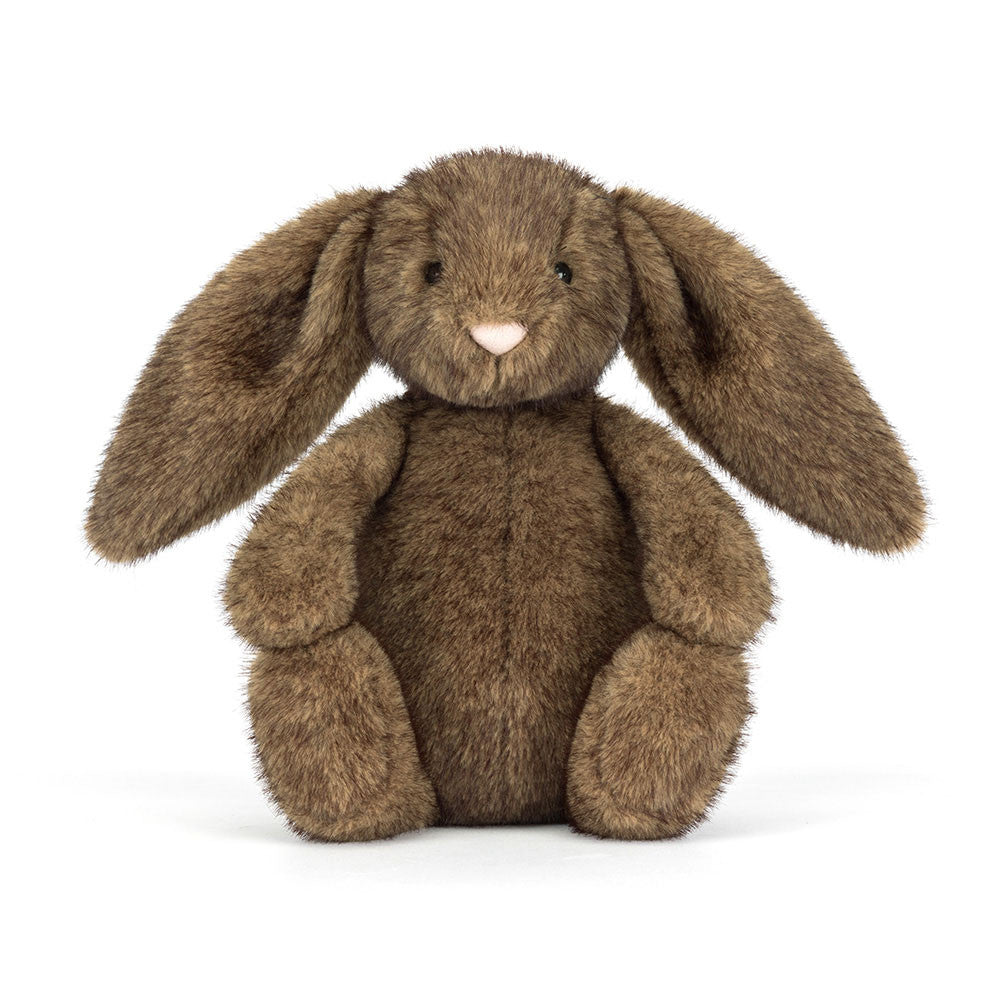 Brown plush bunny toy on a white background