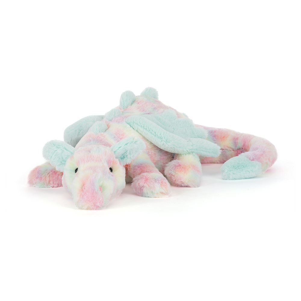 Pastel-colored dragon plush toy on a white background