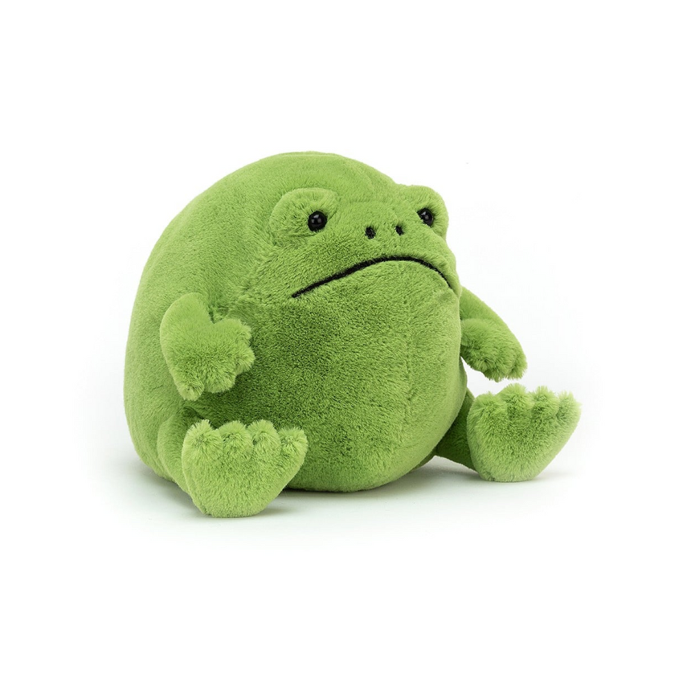 stuffed  frog toy with sad face