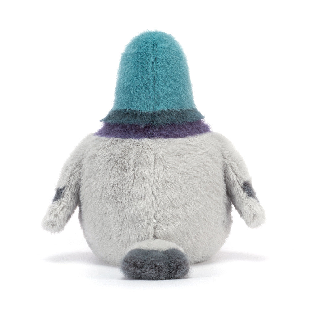 Plush toy penguin with a teal hood on a white background