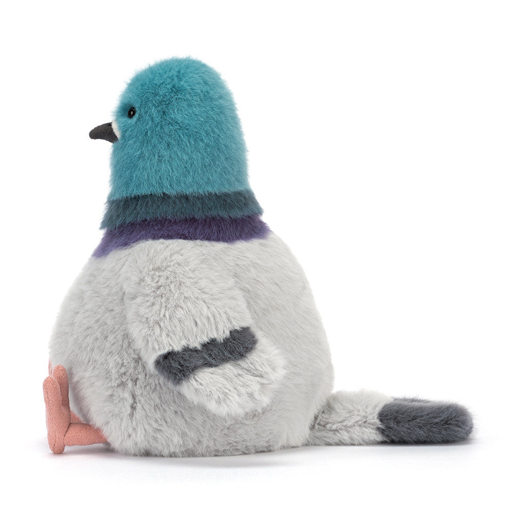 Plush toy pigeon with teal head and gray body 