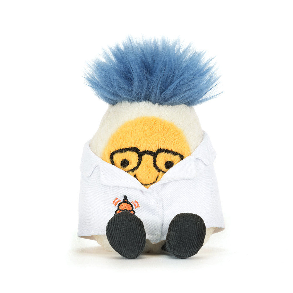 Plush toy with blue hair, yellow face, and white lab coat on a white background