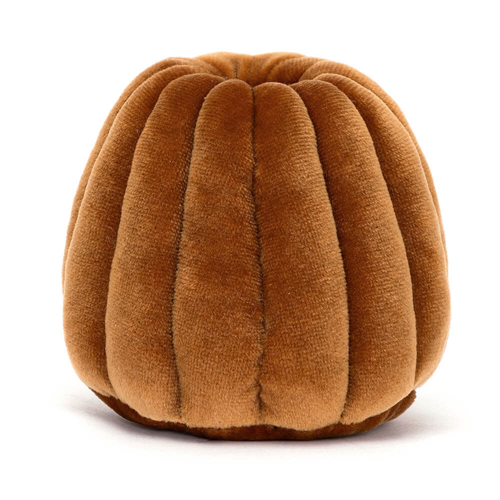 Brown textured pumpkin-shaped cushion on a white background