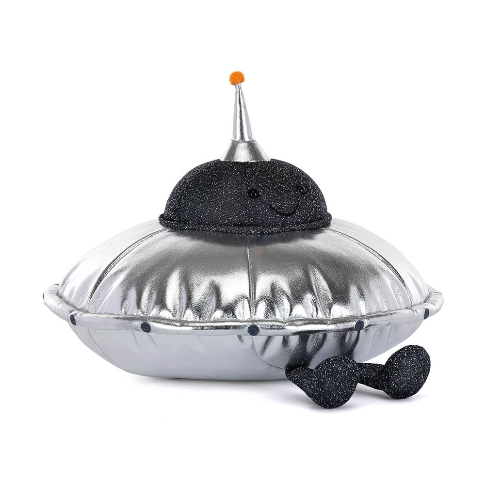 Black plush alien with a silver dome on a white background