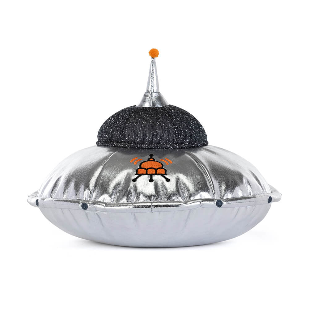 Silver UFO-shaped object with a black top on a white background