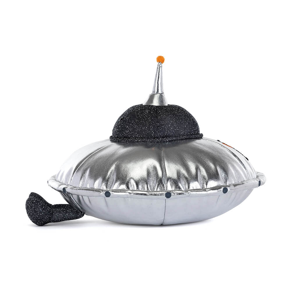 Silver UFO-shaped object with black accents on a white background
