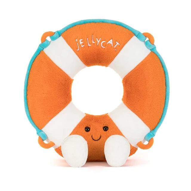 Plush life buoy toy with a smiling face on a white background, branded with 'Jellycat'.