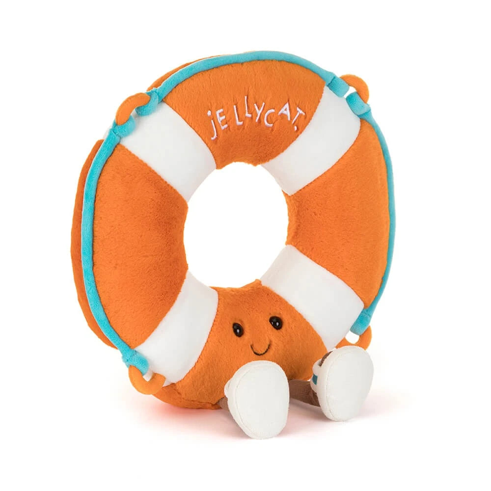Plush toy life preserver with a smiling face on a white background, branded 'Jellycat'.