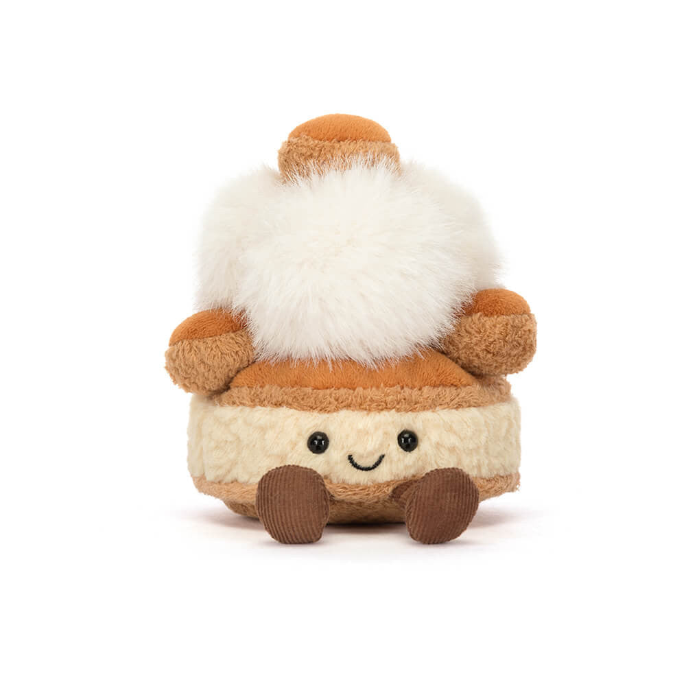 Cute plush toy with a white fluffy top and brown body on a white background