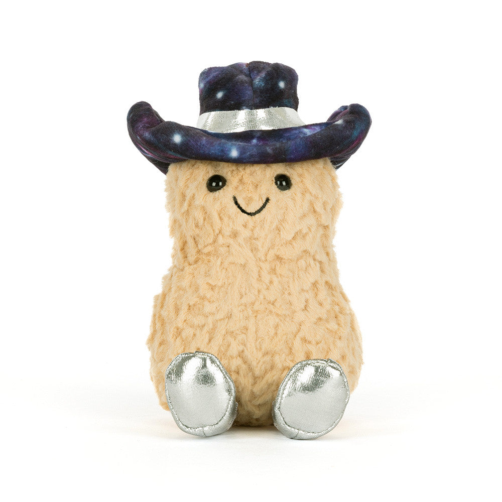 Plush toy resembling a cowboy with a galaxy-patterned hat on a white background