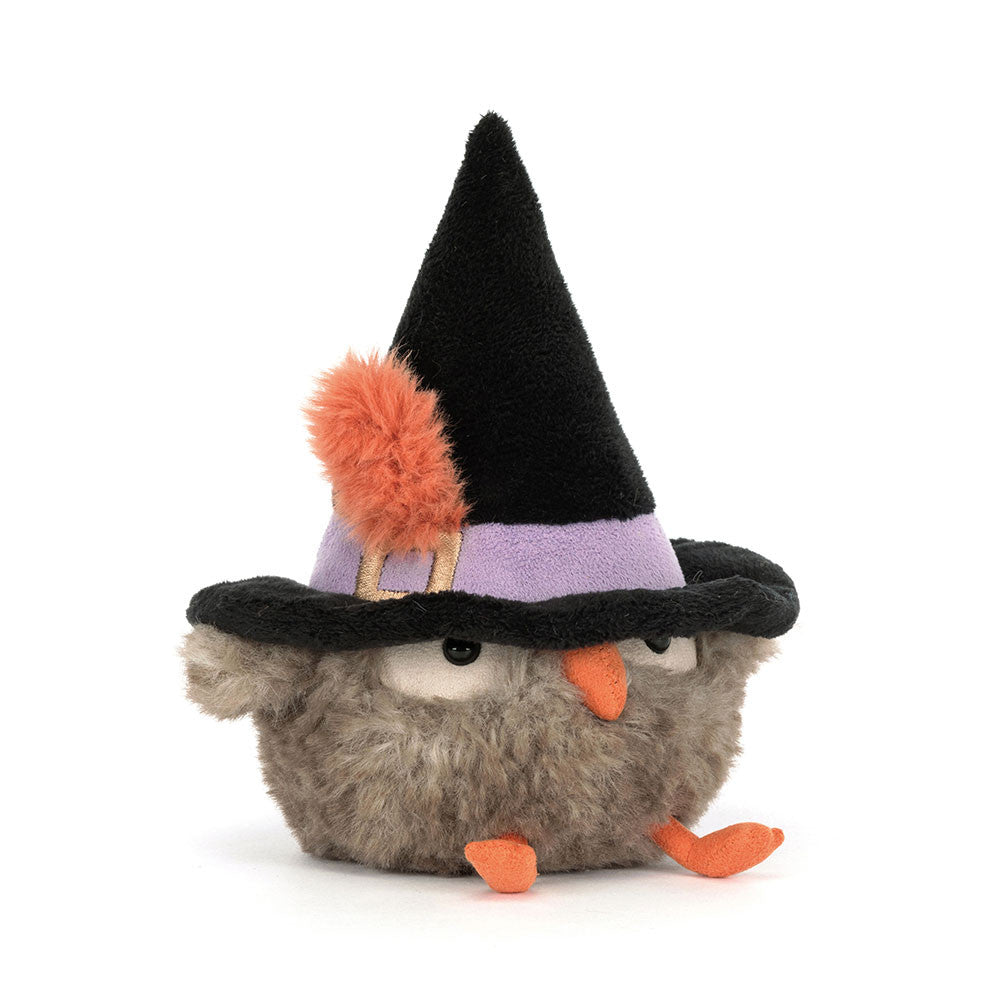 Jellycat plush resembling a creature with a witch hat on a white background
