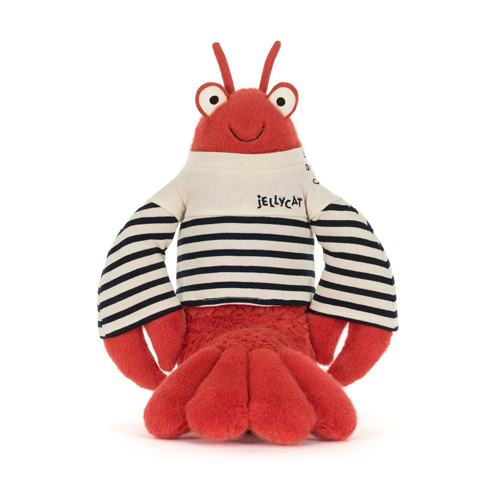 Plush toy lobster wearing a striped shirt with 'Jellycat' branding on a white background
