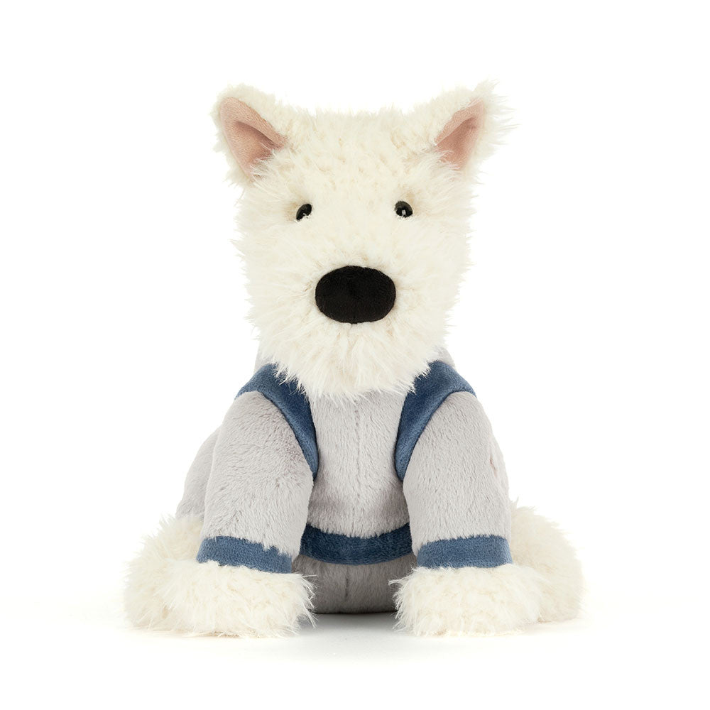 White plush dog toy with a blue sweater on a white background