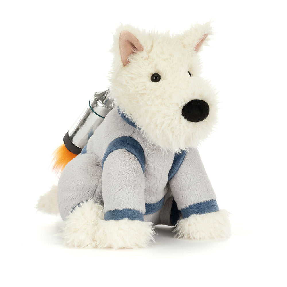 Plush toy dog in a sweater with a thermos, on a white background