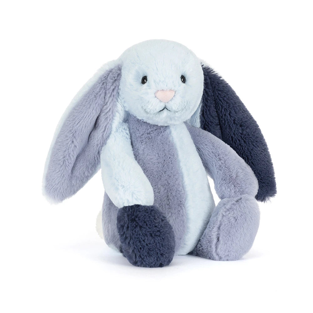 Plush toy rabbit with gray and blue fur on a white background