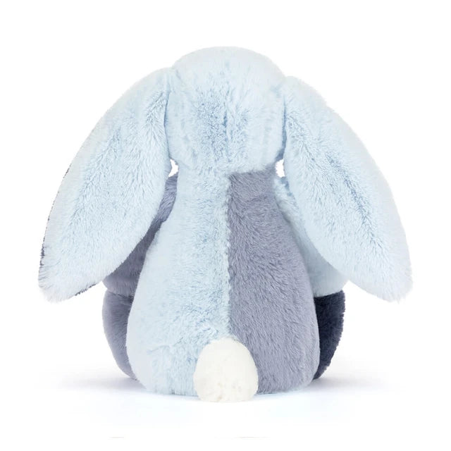 Plush toy rabbit with light blue and gray color scheme on a white background