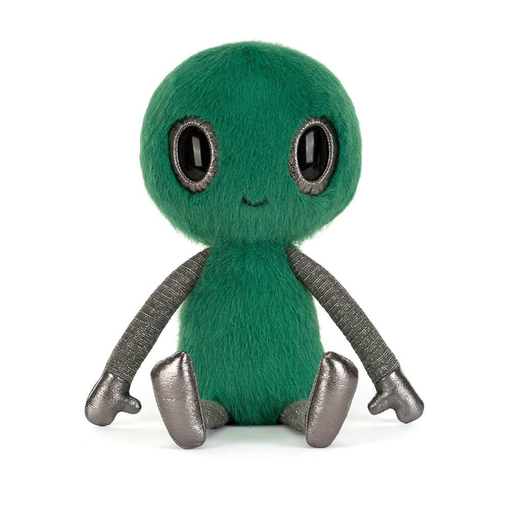 Green alien plush toy with black eyes on a white background