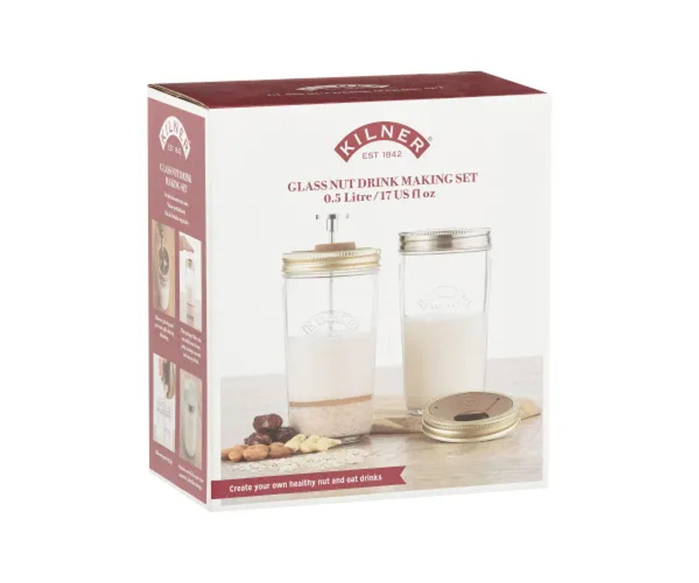 Kilner glass nut drink making set packaging on a white background
