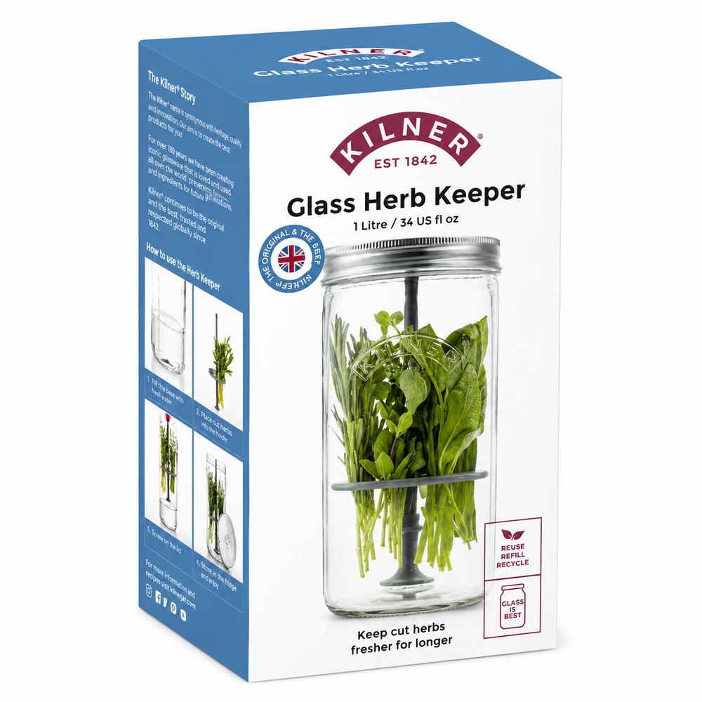 Kilner Glass Herb Keeper packaging with a clear jar containing herbs on a white background