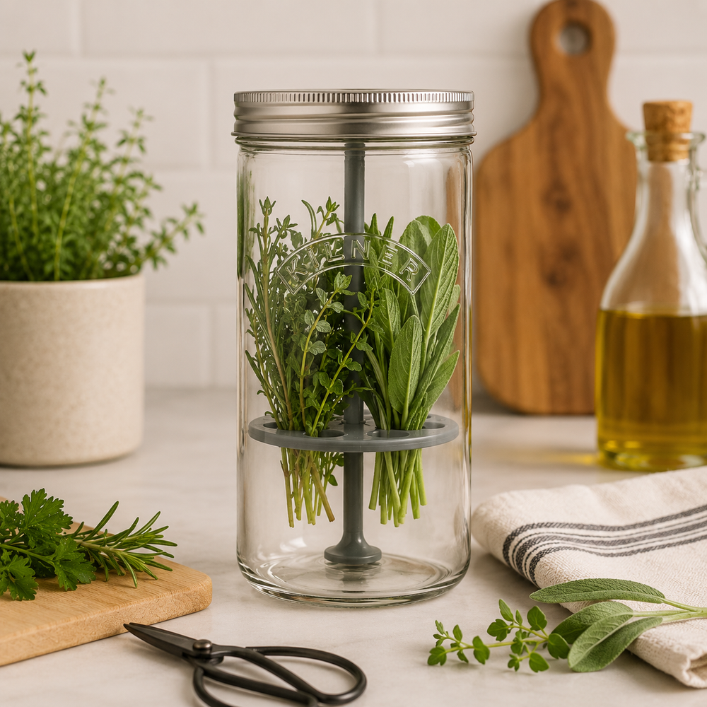 Glass herb container with fresh herbs on a kitchen counter, surrounded by cooking ingredients.