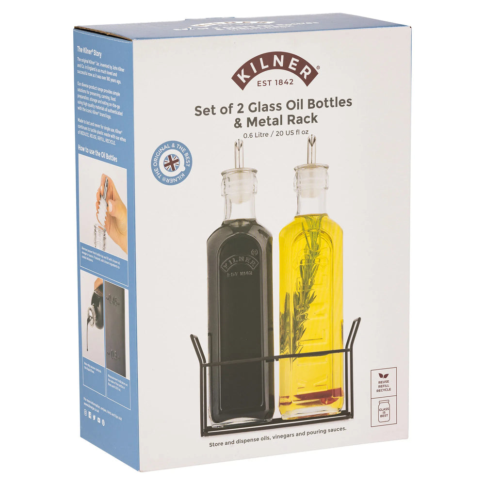 Kilner glass oil bottles and metal rack set packaging on a white background