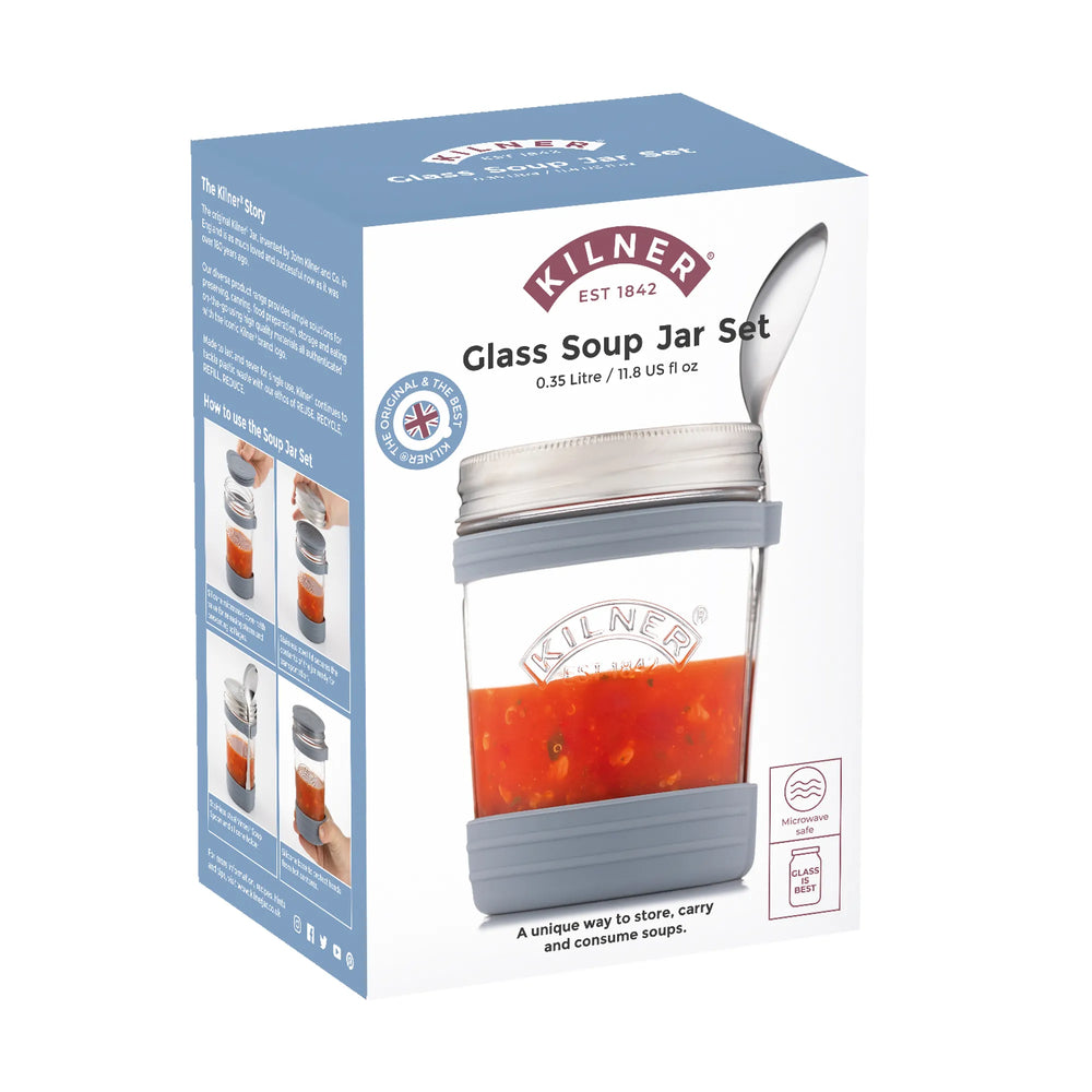 Kilner glass soup jar set packaging with a jar of soup on a white background