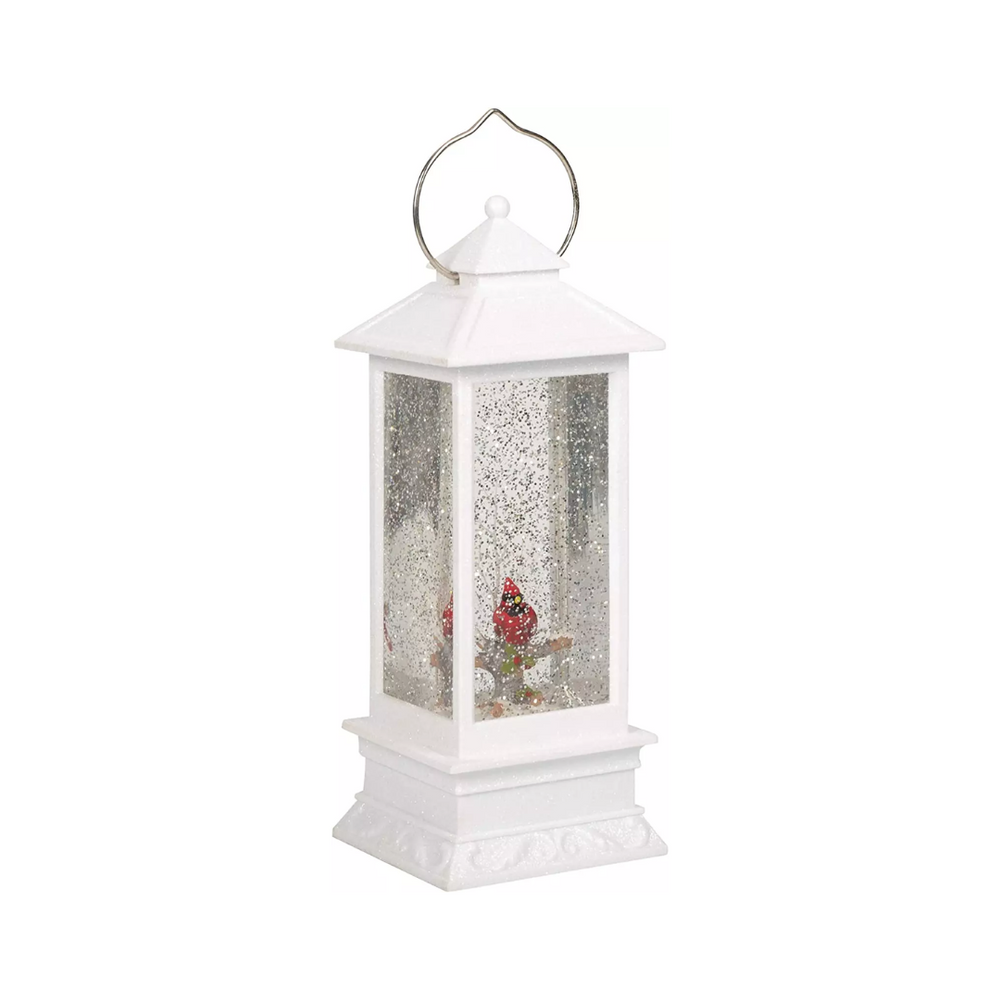 Swirl Lantern - White Glitter Lantern w/Cardinal