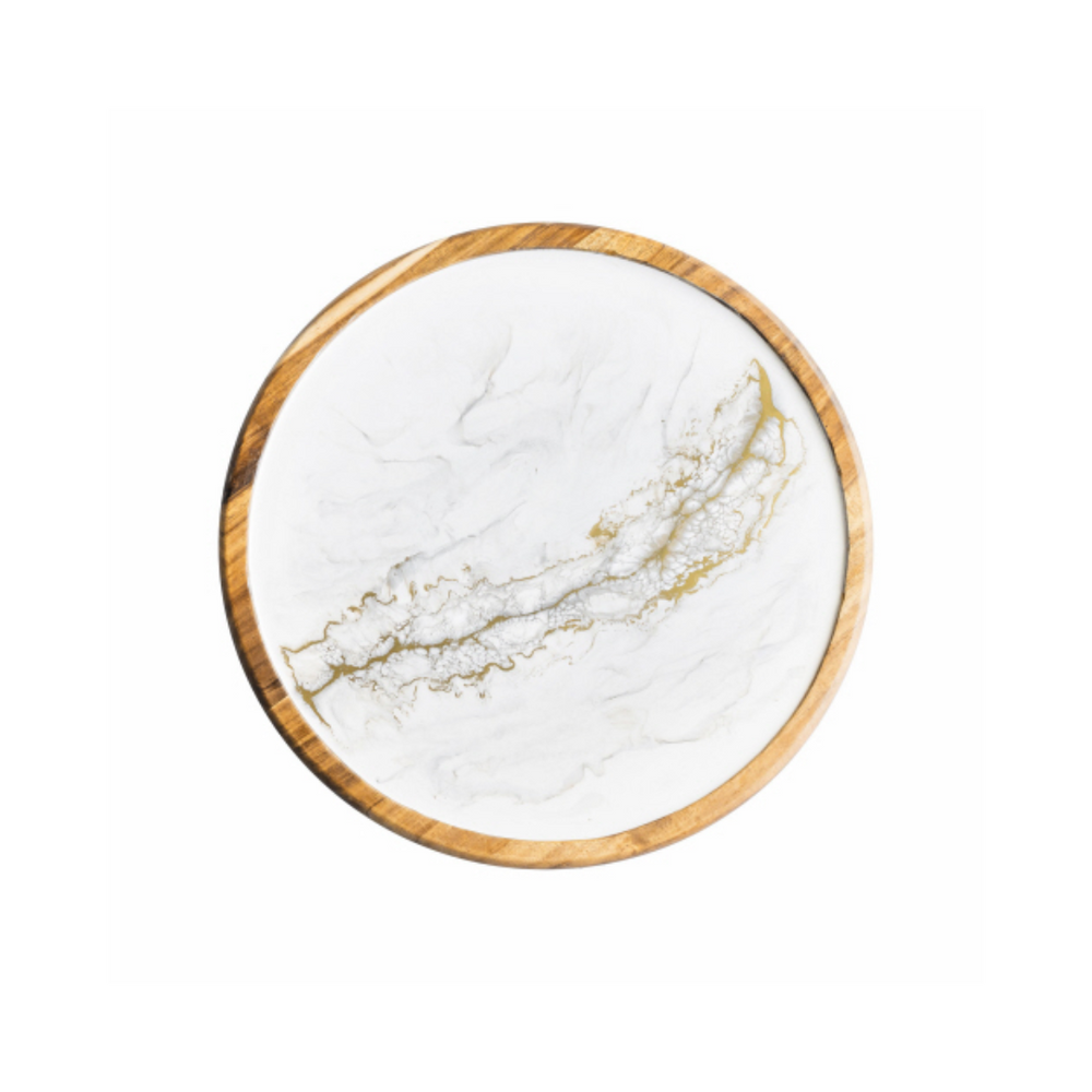 A round Acacia hardwood Lazy Susan with a gold quartz-like white center and a darker wood border, designed to display snacks.