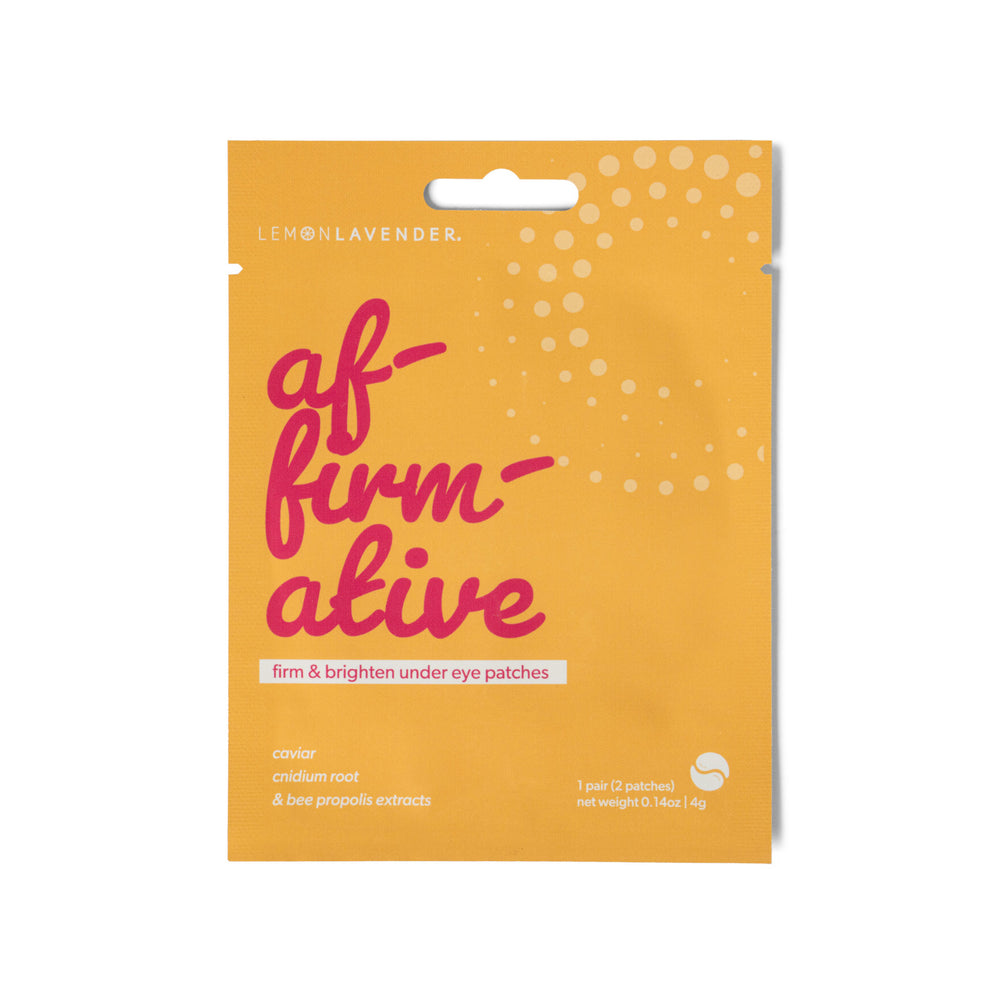 Pack of under eye patches with 'af-firm-ative' text on a yellow background