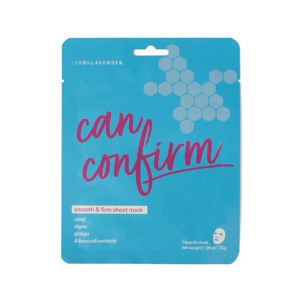 Blue sheet mask packaging with pink text on a white background