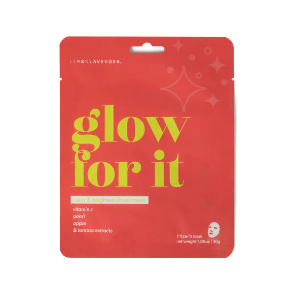 Red face mask package with 'glow for it' text on a white background