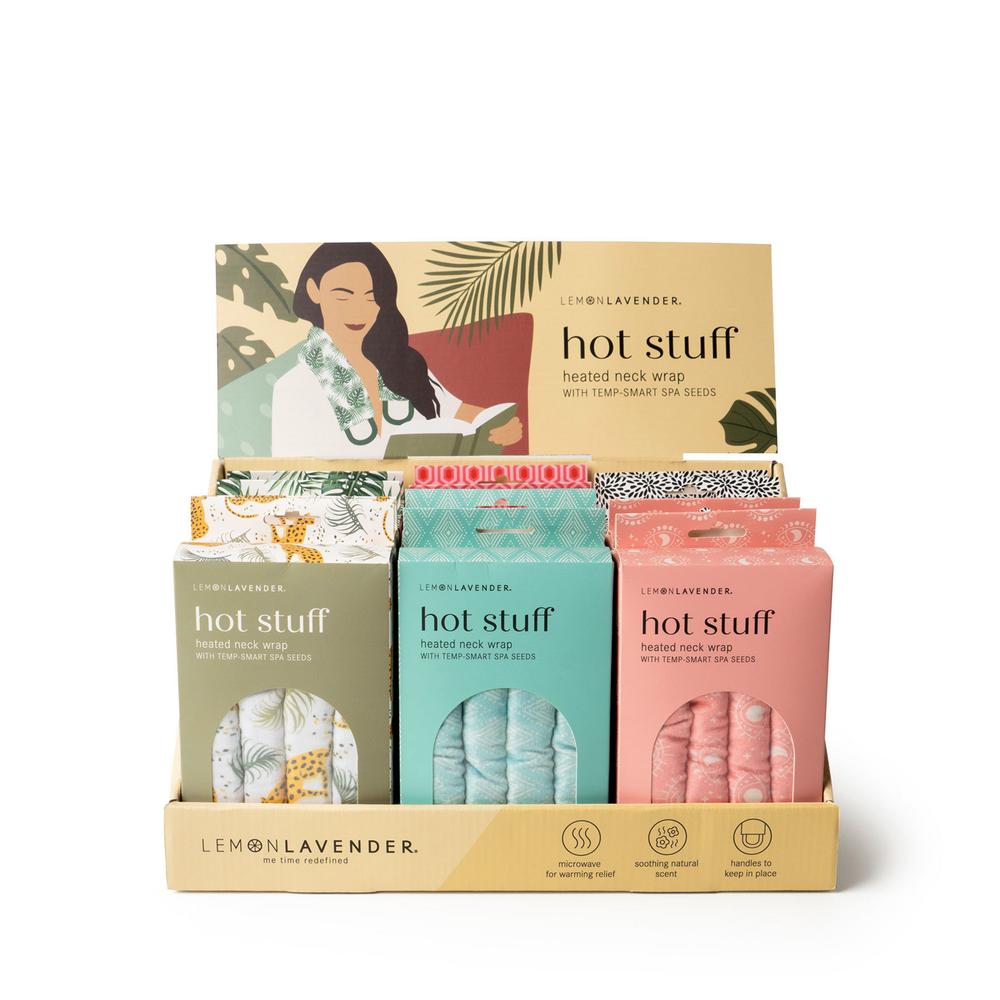 Display of Lemon Lavender 'hot stuff' heated neck wraps in various colors 