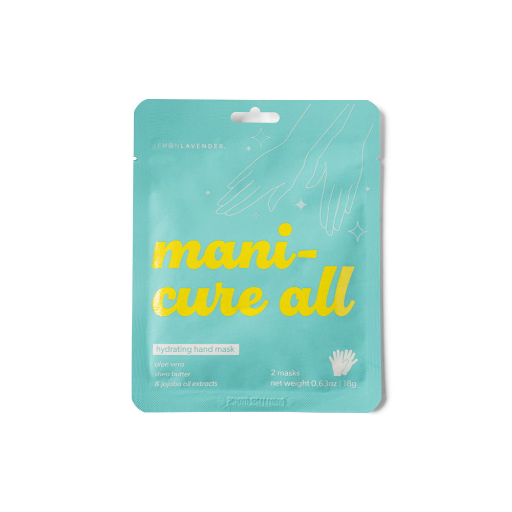 Teal package of 'manicure all' hand masks with yellow text on a white background