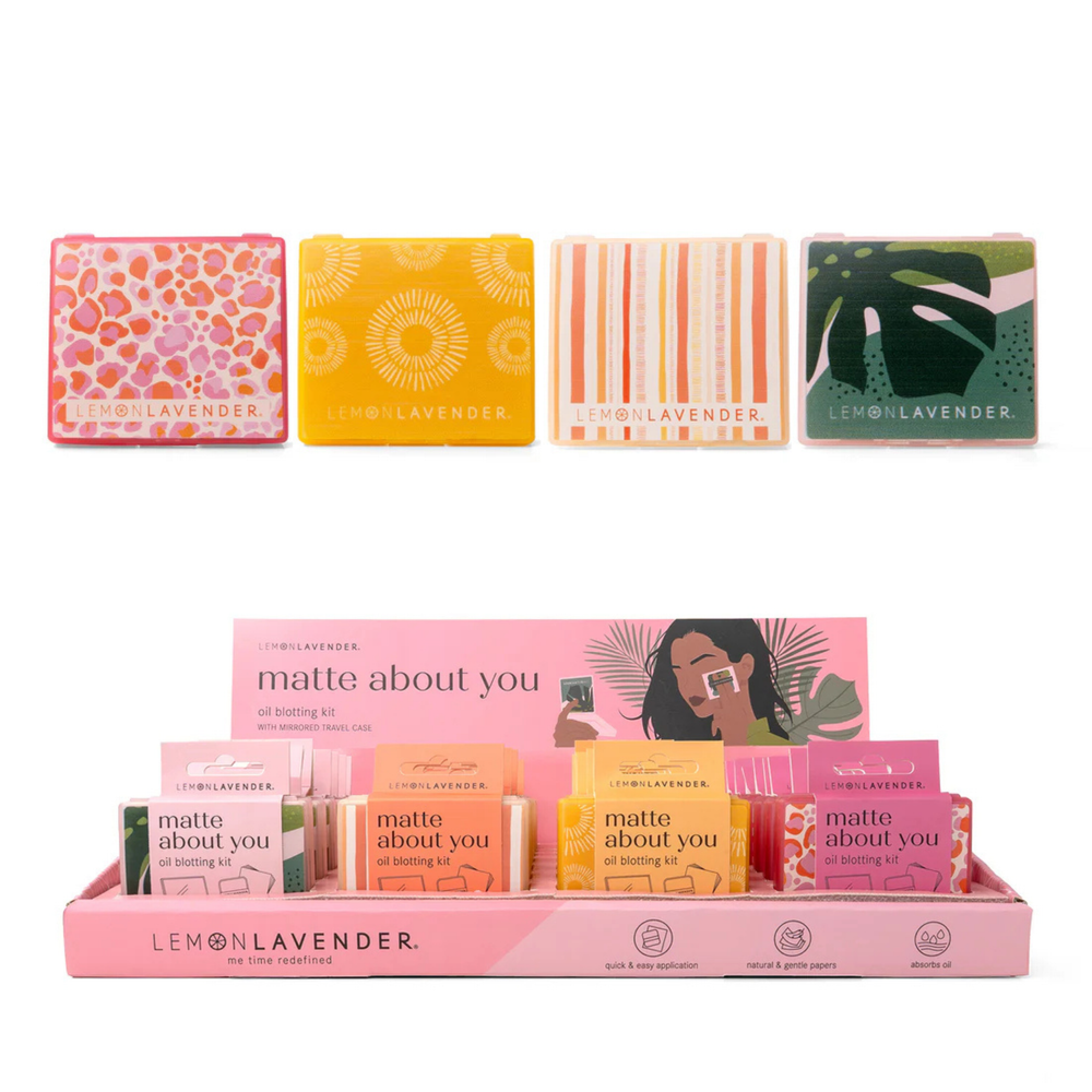 Set of Lemon Lavender skincare products with colorful packaging on a white background