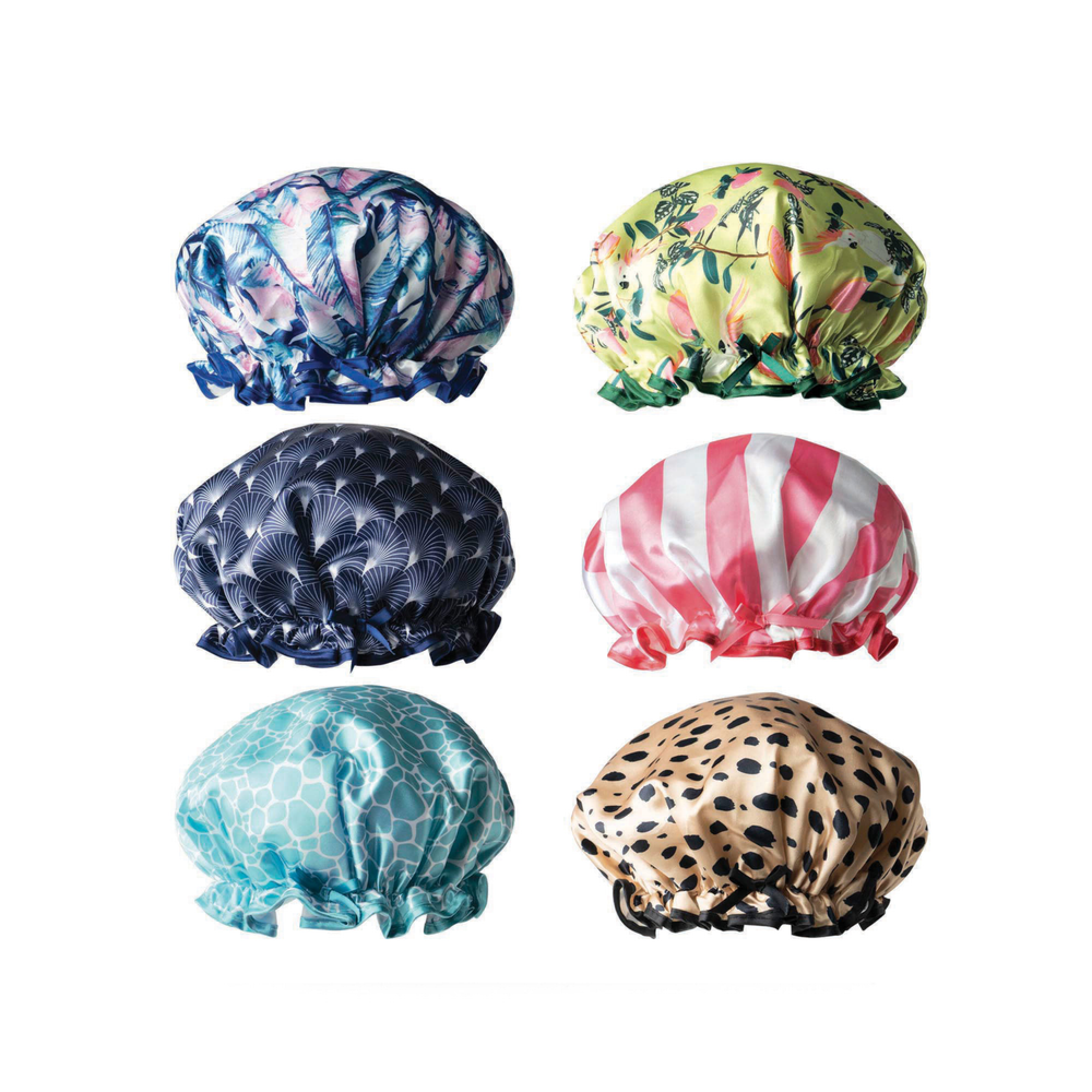 colorful shower caps with different patterns 