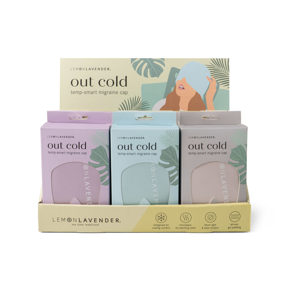 Three packages of Lemon Lavender 'out cold' temp-smart migraine cap on a white background