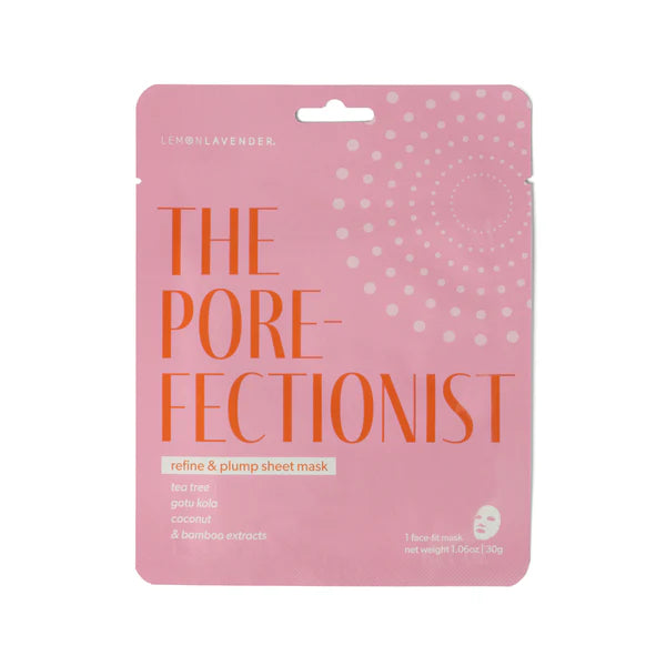 Pink sheet mask packaging labeled 'The Pore-Fectionist' on a white background