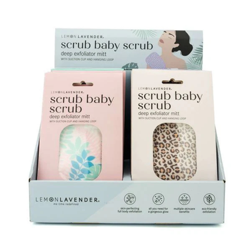 Display of Lemon Lavender scrub baby scrubs with packaging showing product and branding.