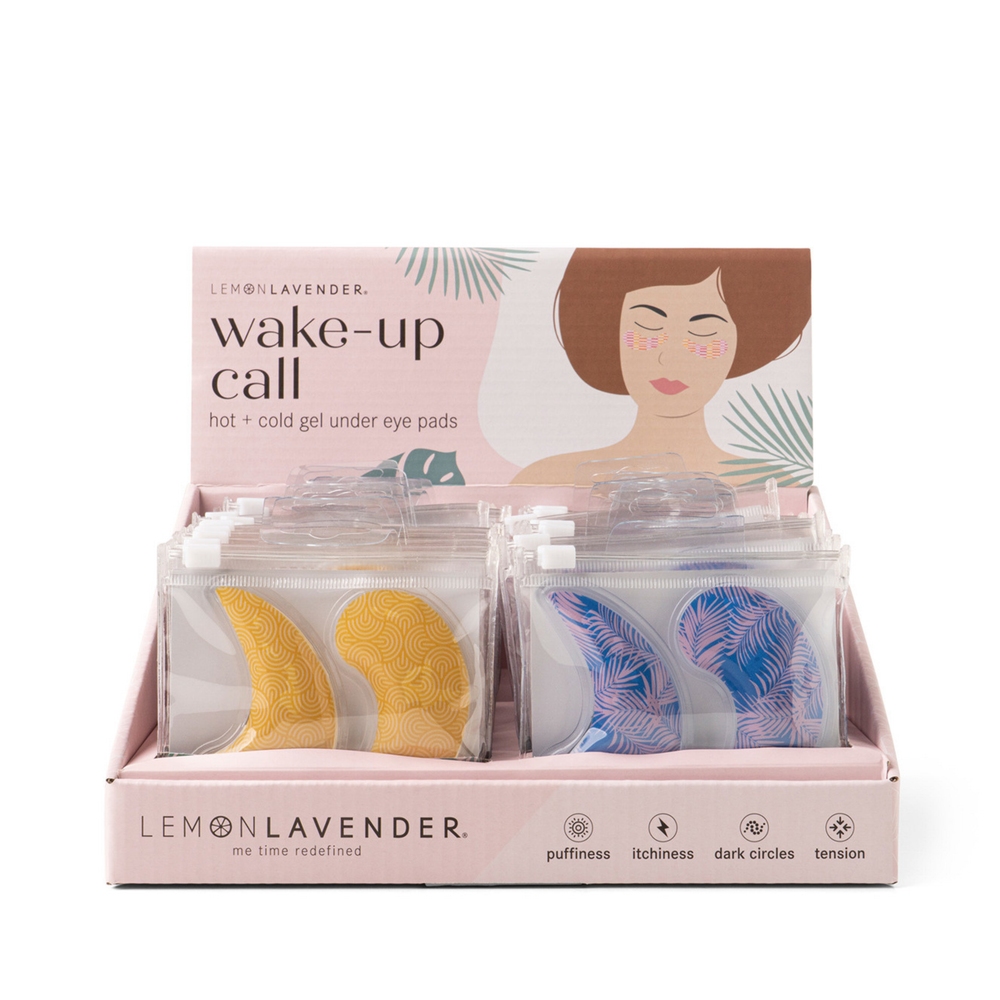 Display of Lemon Lavender eye gel pads with packaging on a white background