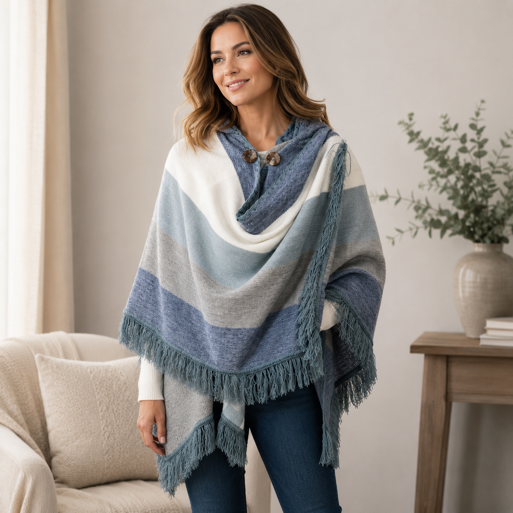Alpaca Hooded Poncho - Blue Blue Fringe