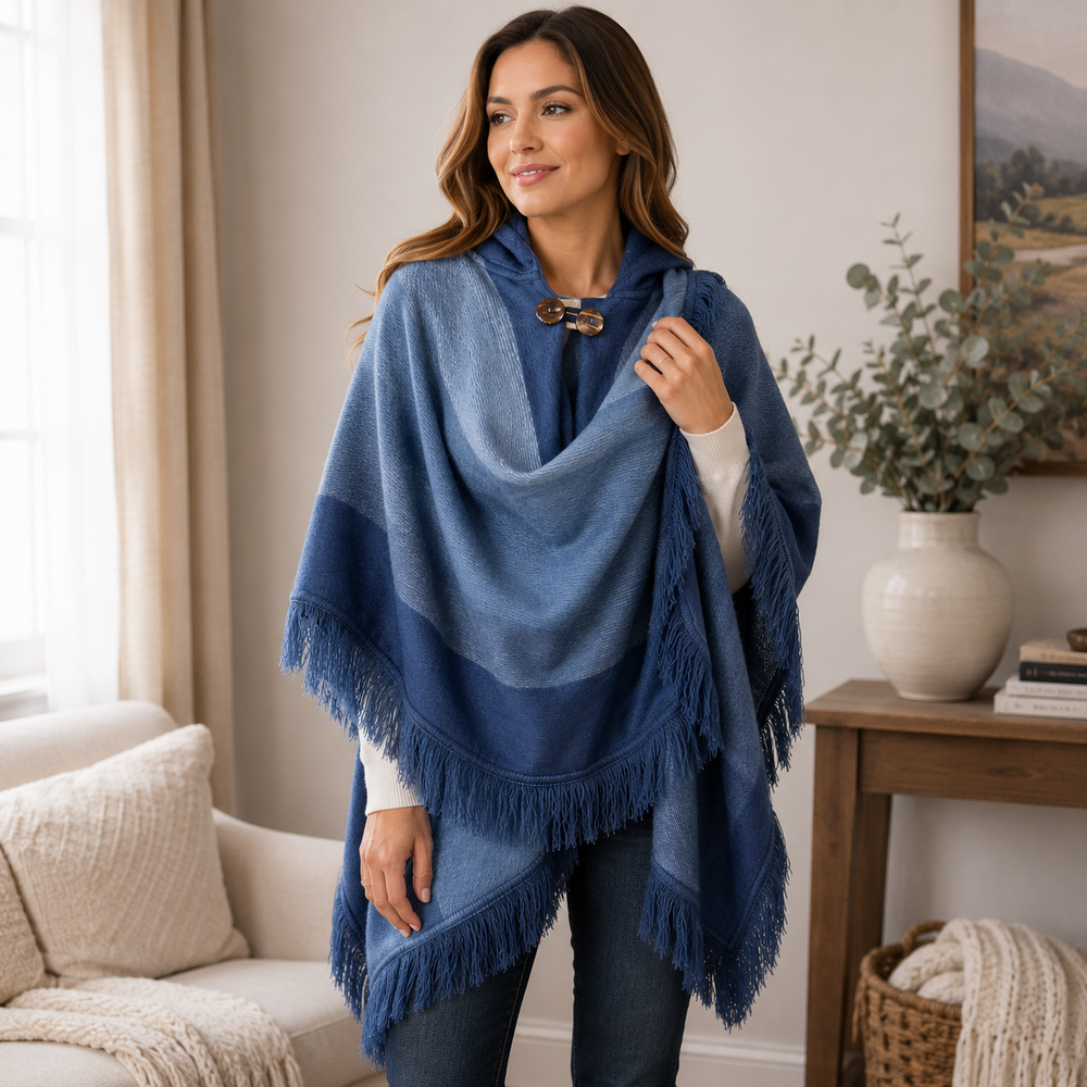 Alpaca Hooded Poncho - Blue Jeans Fringe