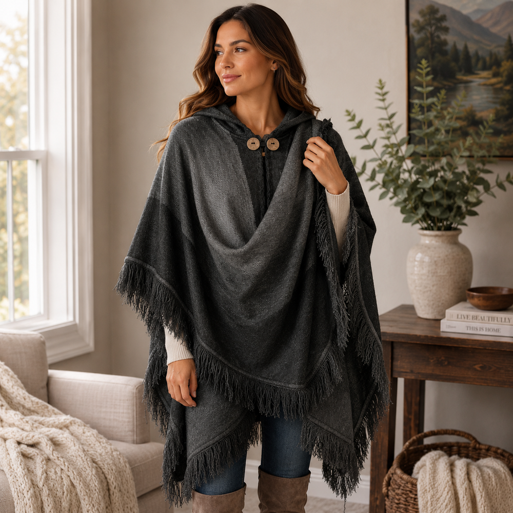 Alpaca Hooded Poncho - Charcoal Grey Fringe