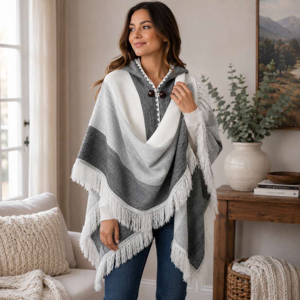 Alpaca Hooded Poncho - Grey White Fringe