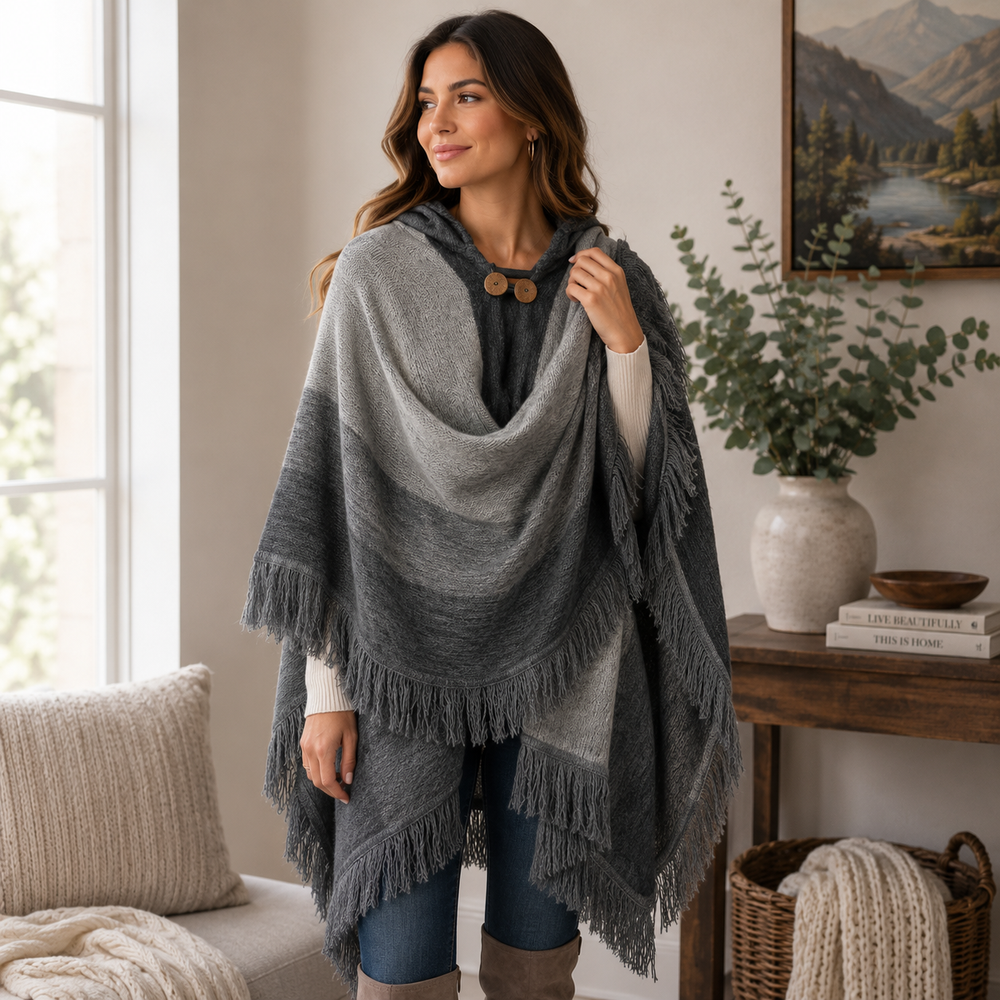 Alpaca Hooded Poncho - Medium Grey Fringe