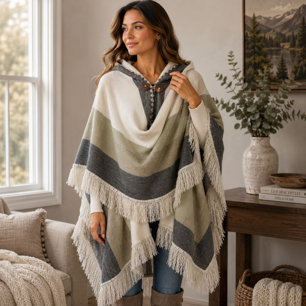 Alpaca Hooded Poncho - Mushroom Fringe