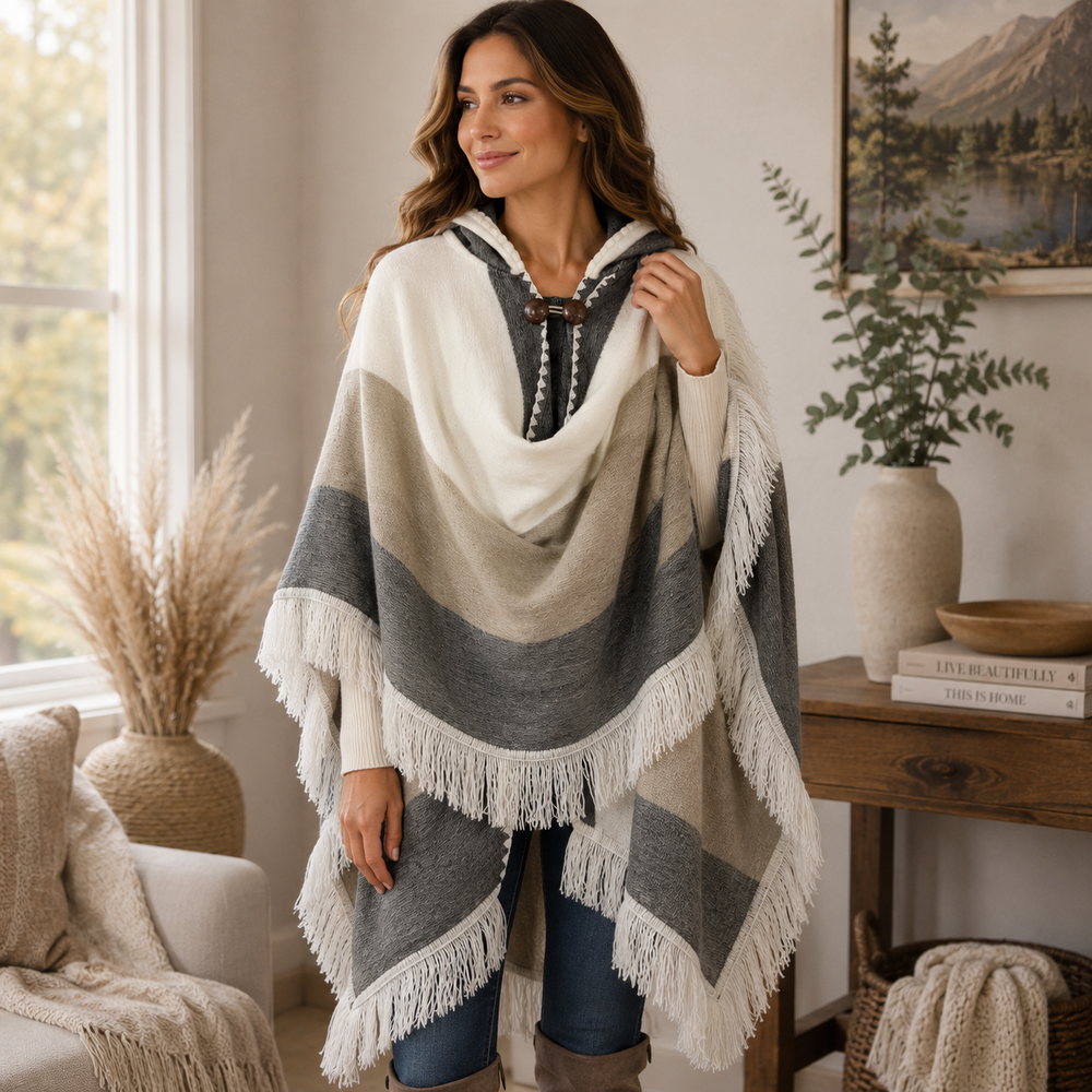 Alpaca Hooded Poncho - Mushroom White Fringe