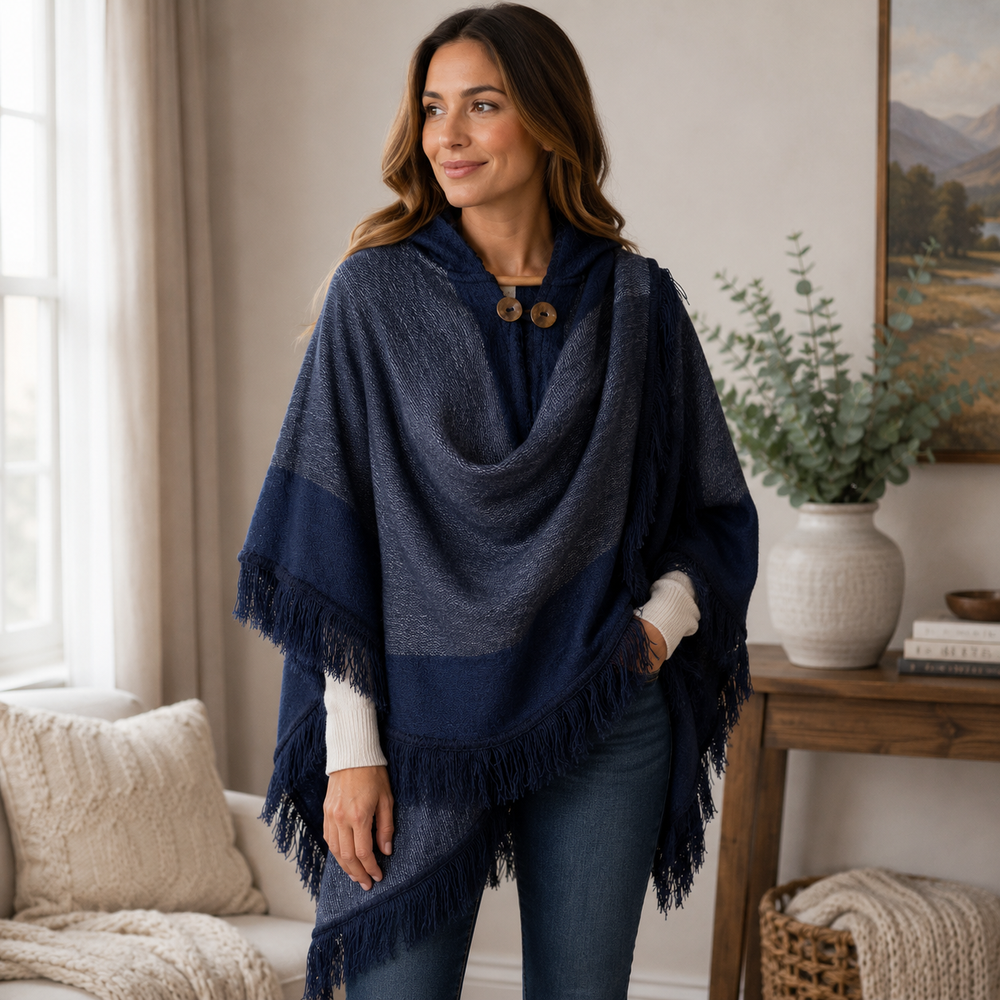 Alpaca Hooded Poncho - Navy Blue Fringe