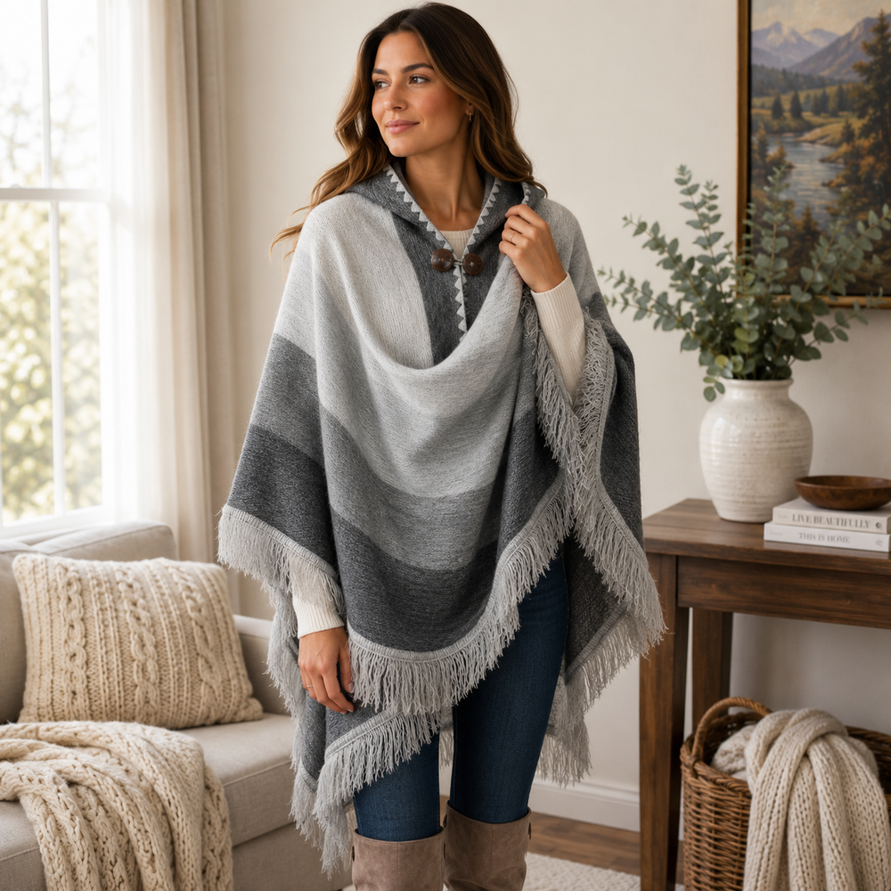 Alpaca Hooded Poncho - Pale Grey Fringe